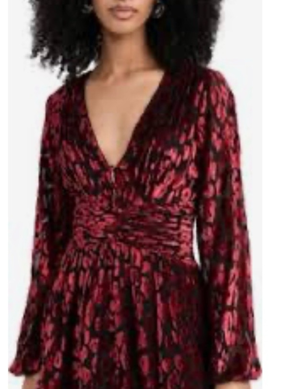 Rococo Sand Red Floral Velvet V‑Neck Long‑Sleeve Dress